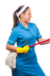 Beautiful young cleaning lady pretending to be a guitar player