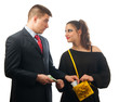 Surprised young businessman giving too much money to the lady