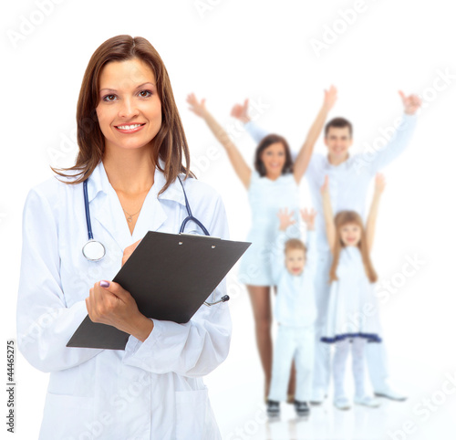 Photo: Young attractive female doctor and family isolated Young attractive female doctor and family isolated