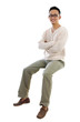 Photo: Full body Asian man sitting on a transparent block Full body Asian man sitting on a transparent block