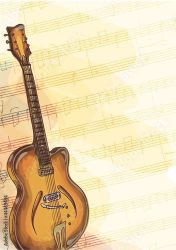 Vector: Bass Guitar on music background with handmade notes. Bass Guitar on music background with handmade notes.