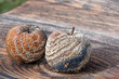 Rotten apple against old wooden planks