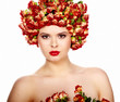 Photo: Portrait of young beautiful woman with roses in hair, on white b Portrait of young beautiful woman with roses in hair, on white b