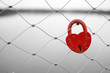 Love padlock on a bridge fence. Russian proverb on it.