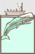 Whaling boat with harpoon hunts a whale.