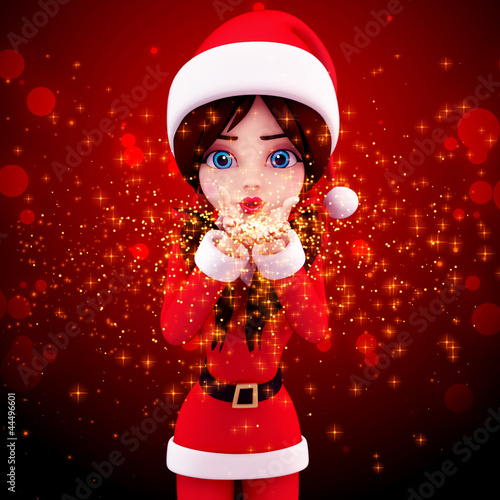 Illustration: santa girl is in magical step in red background santa girl is in magical step in red background