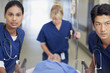 Nurses wheeling patient on gurney down hospital corridor