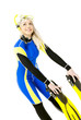standing young woman wearing neoprene with snorkeling equipment
