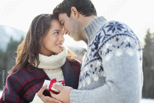 Photo: Smiling couple face to face with Christmas gift Smiling couple face to face with Christmas gift