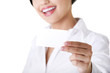 Beautiful businesswoman with businesscard.