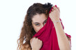 .Woman wrapped with a red tissue..