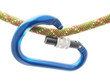 climbing rope and a carabiner on a white background