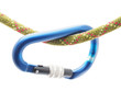 climbing rope and a carabiner on a white background