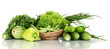 fresh green vegetables in basket isolated on white