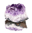 purple rough amethyst crystals isolated on white .