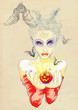 very gentle figure of a devil with Jack o Lantern in her arms