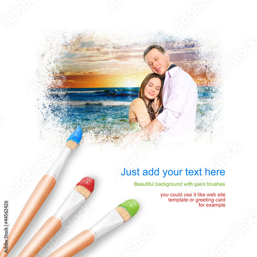 Photo: White background with three paintbrushes painting portrait of be White background with three paintbrushes painting portrait of be