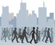 Crowd of people walking city skyline