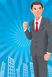 Businessman with his fist up on the cityscape background