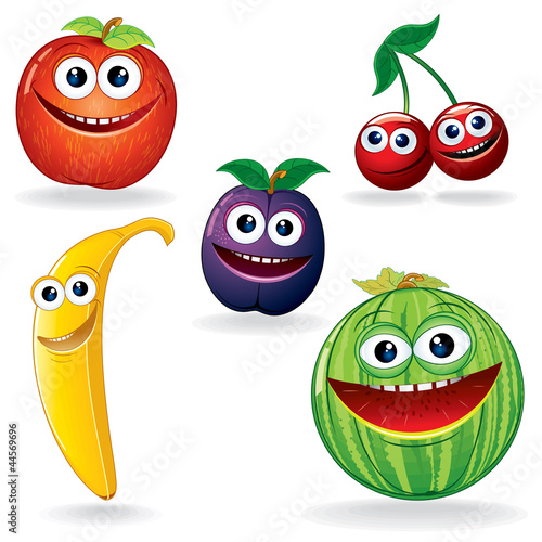 Vector: Funny Fruits: Apple, Cherry, Banana, Prune, Melon Funny Fruits: Apple, Cherry, Banana, Prune, Melon