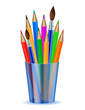 Colorful pencils and Brushes in the holder.