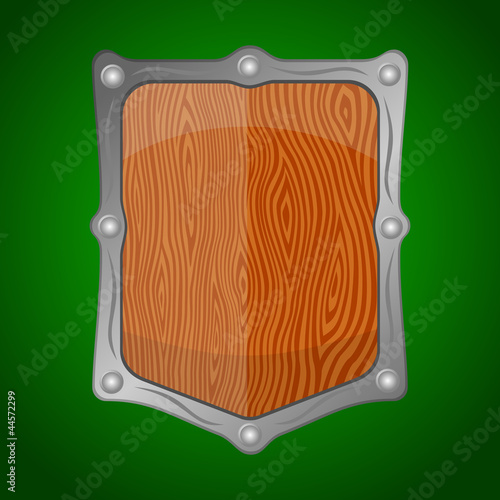 Vector: Wooden shield offering protection on green background Wooden shield offering protection on green background