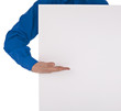 man in shirt holding blank sign