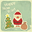 Christmas cards with Santa, Christmas tree and text Happy New Ye