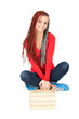 beautiful student girl with african braids with stack of books