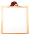 teenage girl hiding behind blank placard