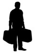 A silhouette of a mature man holding suitcases
