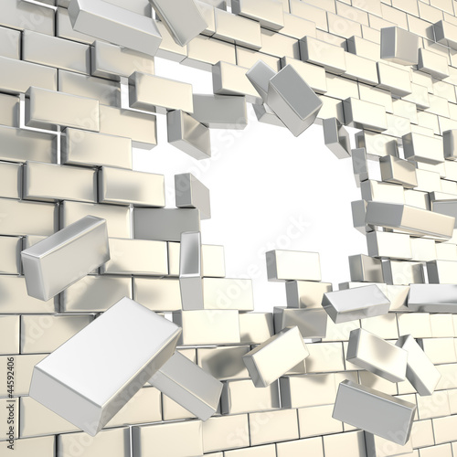 Illustration: Broken into pieces brick wall with a copyspace hole Broken into pieces brick wall with a copyspace hole