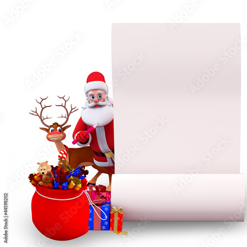 Illustration: santa and reindeer with big gift list santa and reindeer with big gift list
