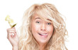 Photo: Beautiful woman holding apple core and laughing. Beautiful woman holding apple core and laughing.