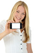 Junge Frau mit Smartphone, leeres Display