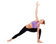 Young yoga woman doing warrior pose on white background