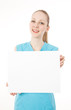 Fitness woman holds blank sign