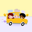 School bus with kids driving through town