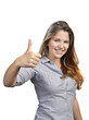 Portrait of attractive young woman showing a thumbs up on white