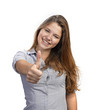 Portrait of attractive young woman showing a thumbs up on white