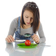 Girl investigating tomato.