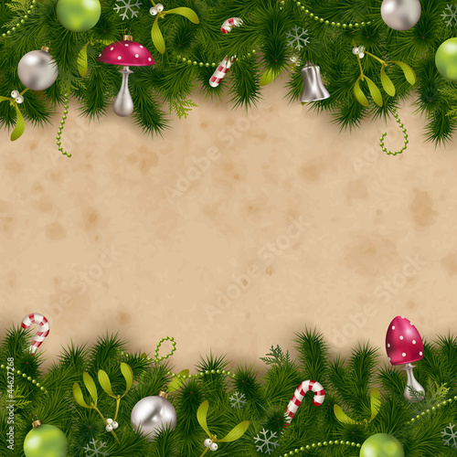Vector: firtree border with ornaments on a stained paper background firtree border with ornaments on a stained paper background