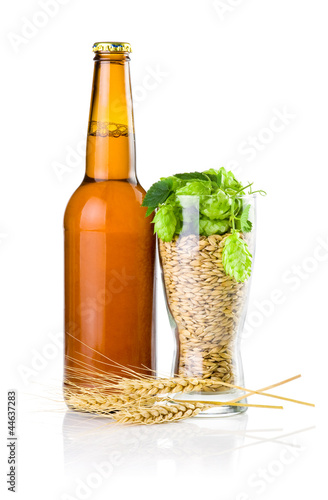 Brown bottle of beer, Glass full of barley and hops, Wheat ears