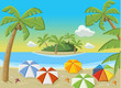 Vector: Tropical beach with blue ocean, umbrellas and palm trees. Tropical beach with blue ocean, umbrellas and palm trees.