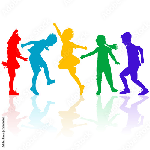 Illustration: Colored silhouettes of happy children playing Colored silhouettes of happy children playing