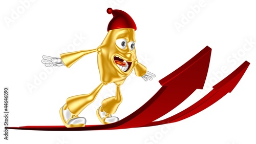 Illustration: Funny golden athlete mr. Multic flies on red arrows Funny golden athlete mr. Multic flies on red arrows