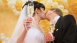 Newly-married couple kisses champagne glasses in hands