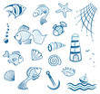Maritim, Muscheln, Fische, Aquaristik, vector set