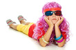 A girl in fancy clothes and 3d glasses