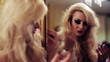 Gorgeous woman posing in front of the mirror, steadicam shot